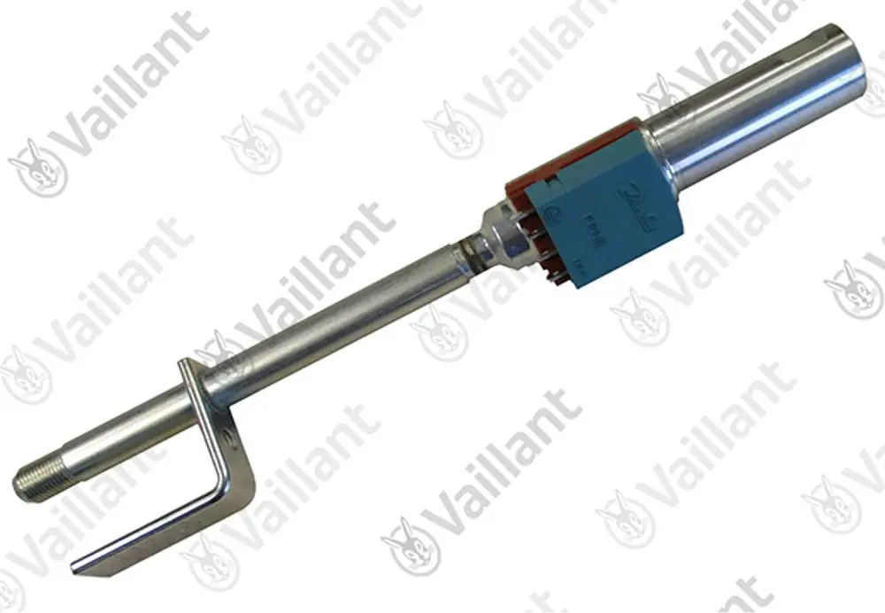 Vaillant Düsenstock mit einem metallischen Rohr und einer Halterung, geeignet für Heizsysteme. Kaltes Gehäuse mit einem Anschluss an einem Ende des Rohres.